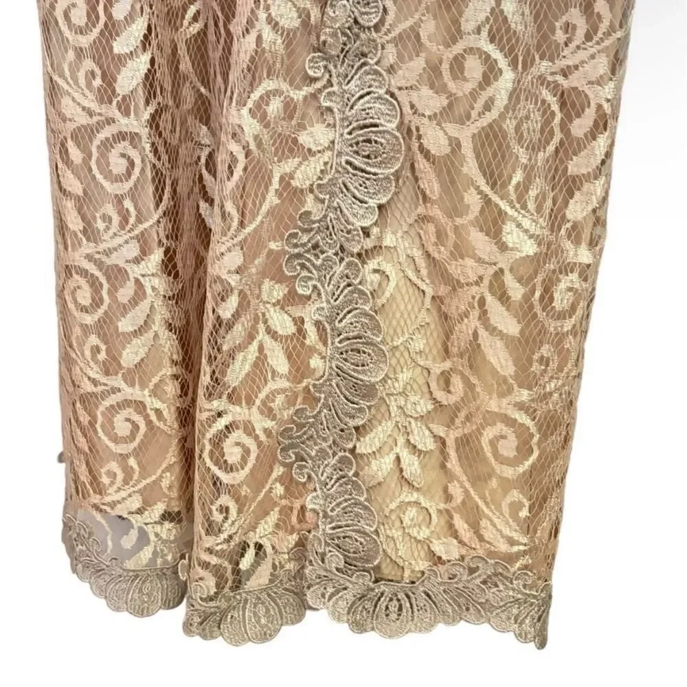 Vintage JCPenney 10P Taupe Rose Gold Lace Maxi Dress Petite Long Sleeve DressUSA